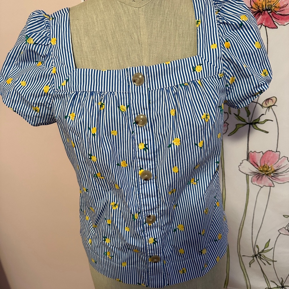 Cutest ever Blue Striped Button-Up Top with Yellow lemon and Floral Accents
